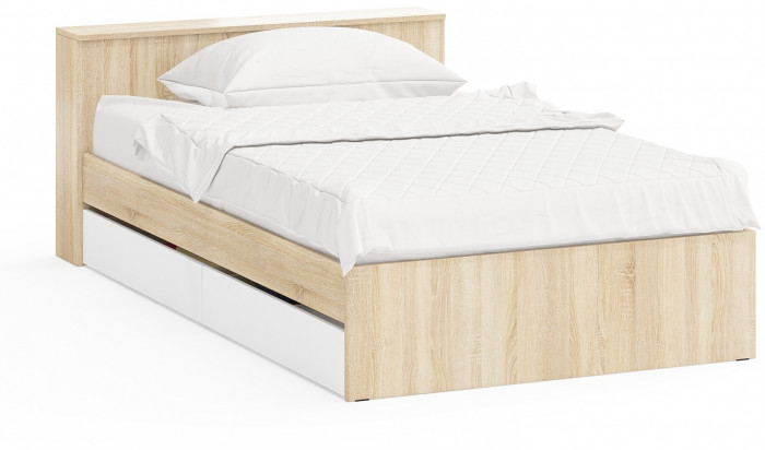 Ксения Кровать с ящиками 1200, цвет дуб сонома/белый, ШхГхВ 126,4х221,6х72 см., сп.м. 1200х2000 мм., без матраса, основание есть, ун. сб.