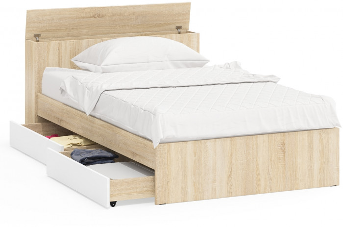 Ксения Кровать с ящиками 1200, цвет дуб сонома/белый, ШхГхВ 126,4х221,6х72 см., сп.м. 1200х2000 мм., без матраса, основание есть, ун. сб.
