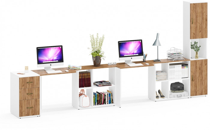 Лидер-8 Стол + Стол + Пенал + Тумба МД 3.16, белый шагрень/крафт золото