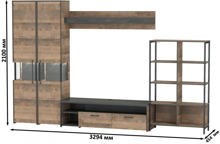 Трувор Гостиная 029, цвет дуб гранж песочный/интра, ШхГхВ 329,4х45,4х210 см., универсальная сборка