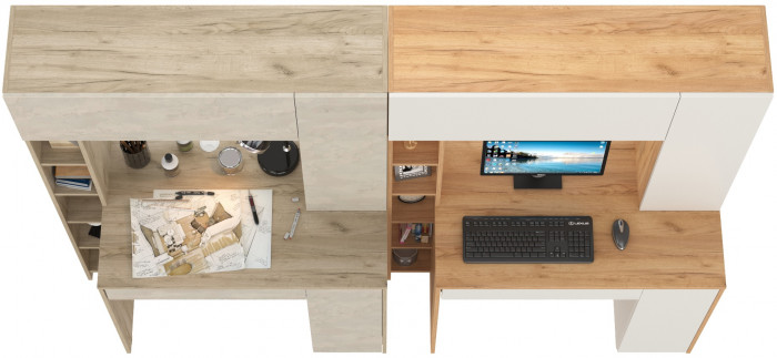 КР100 Два стола компьютерных Комфорт 12.71, цвет дуб крафт серый/шёлковый камень/дуб золотой/белый, ШхГхВ 233,4х60,2х165,4 см., НЕ универс. сборка