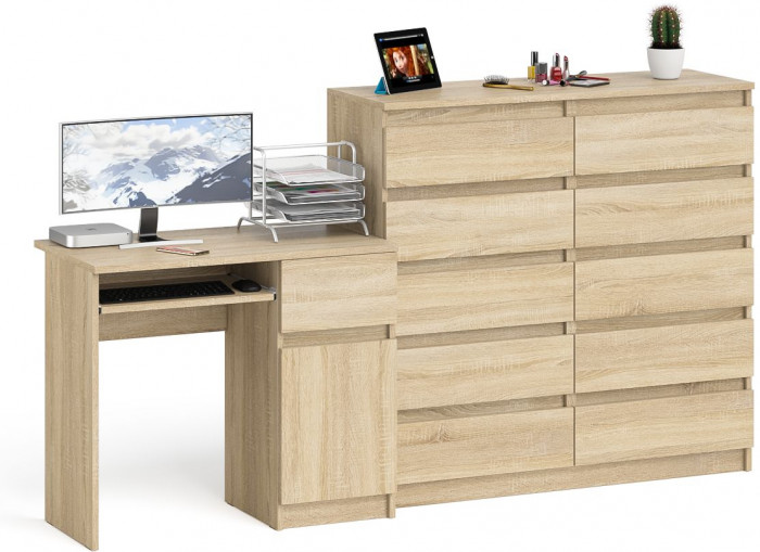 Мори Стол компьютерный МС-1 правый + Комод МК1200.10, цвет дуб сонома, ШхГхВ 210,4х50х115 см., выдвижной ящик справа, НЕ универсальная сборка
