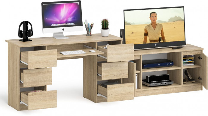 Мори Стол компьютерный МС-2 + Тумба МТВ1200.1, цвет дуб сонома, ШхГхВ 255,8х50х76,6 см., универсальная сборка