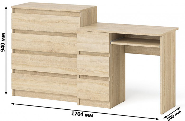 Мори Стол компьютерный МС-6 левый + Комод МК800.4, цвет дуб сонома, ШхГхВ 170,4х50х94 см., выдвижные ящики слева, НЕ универсальная сборка