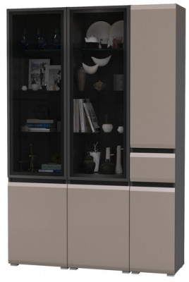 Сидней 13.201 Шкаф-витрина 2 штуки + Шкаф с ящиком 13.202, корпус: антрацит/фасады: МДФ веллюто капучино/стекло