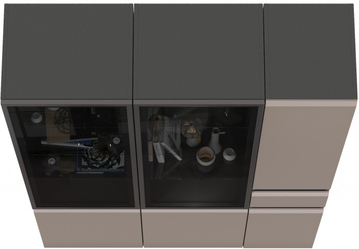 Сидней 13.201 Шкаф-витрина 2 штуки + Шкаф с ящиком 13.202, корпус: антрацит/фасады: МДФ веллюто капучино/стекло