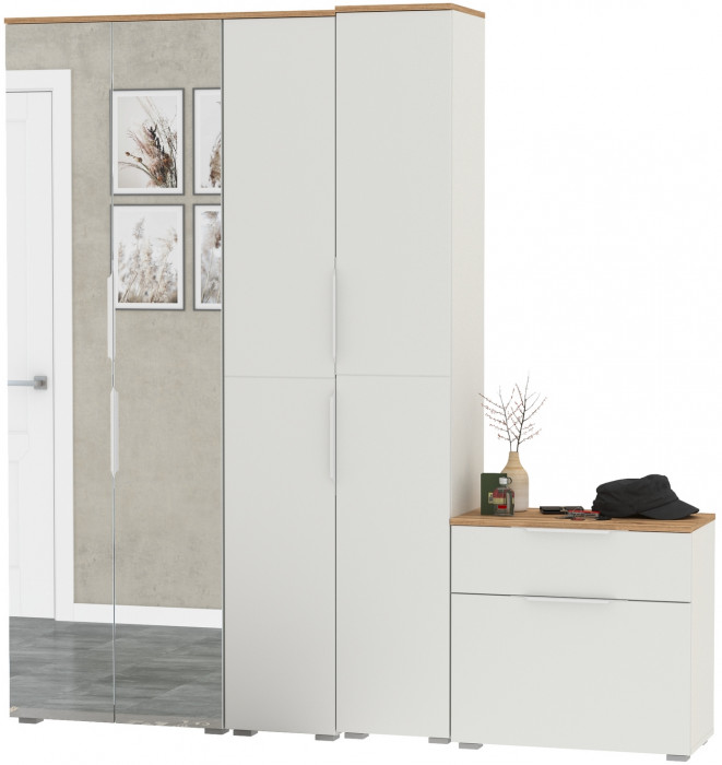 Октава Прихожая 28, цвет белый шагрень/дуб крафт золотой/фасады МДФ белый шагрень, ШхГхВ 193,7х35,4х197,6 см., универсальная сборка