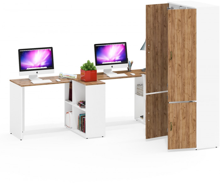 Лидер-8 Стол + Стол + Шкаф МД 20Б + Тумба МД 3.19, цвет белый шагрень/крафт золото, ШхГхВ 450х50/37,5х75/190 или 230х200/50х75/190 см., НЕ ун. сб.