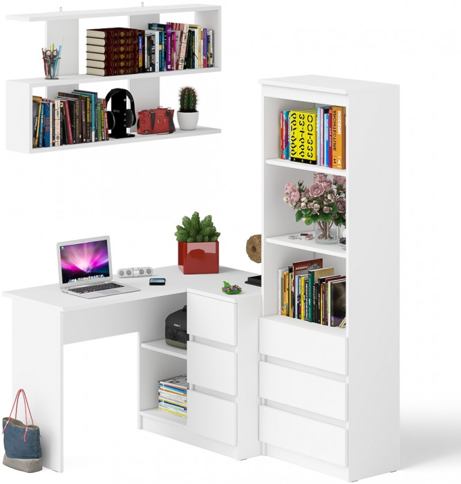 Мори компьютерный стол МС-16 правый + Стеллаж МСТ600.3 + Полка 1200, белый