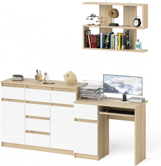 Мори Стол компьютерный МС-1 левый + Комод МК1200.4 + Полка 900, цвет дуб сонома/белый, ШхГхВ 210,4х50х209,6 см., НЕ универсальная сборка