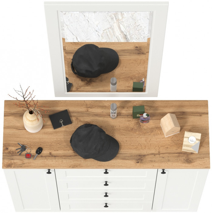 Остин 16.221 Комод + 17.03 Зеркало, белый шагрень/дуб крафт золотой