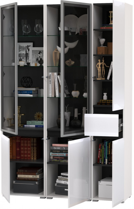 Сидней 13.201 Шкаф-витрина 2 штуки + Шкаф с ящиком 13.202, корпус: белый/чёрный/фасады: МДФ белый глянец/стекло