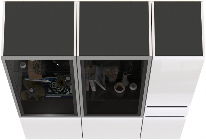 Сидней 13.201 Шкаф-витрина 2 штуки + Шкаф с ящиком 13.202, корпус: белый/чёрный/фасады: МДФ белый глянец/стекло