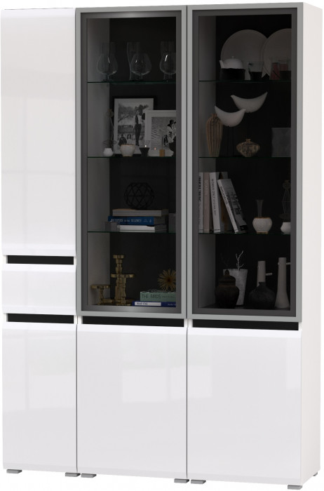 Сидней 13.201 Шкаф-витрина 2 штуки + Шкаф с ящиком 13.202, корпус: белый/чёрный/фасады: МДФ белый глянец/стекло