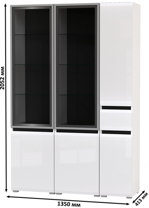 Сидней 13.201 Шкаф-витрина 2 штуки + Шкаф с ящиком 13.202, корпус: белый/чёрный/фасады: МДФ белый глянец/стекло