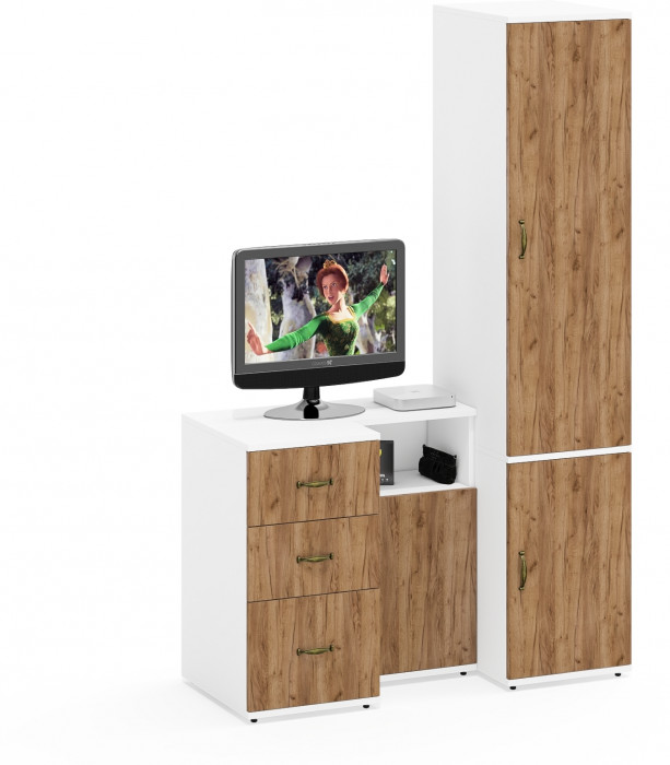 Лидер-8 Пенал МД 23Б + Тумба МД 3.16 + Тумба МД 3.19, белый шагрень/крафт золото