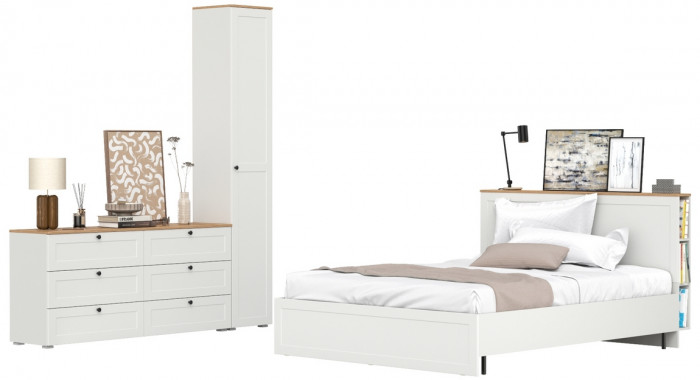 Остин 11.53 Кровать + ортопед + 13.227 Шкаф-пенал + 16.240 Комод, белый шагрень/дуб крафт золотой