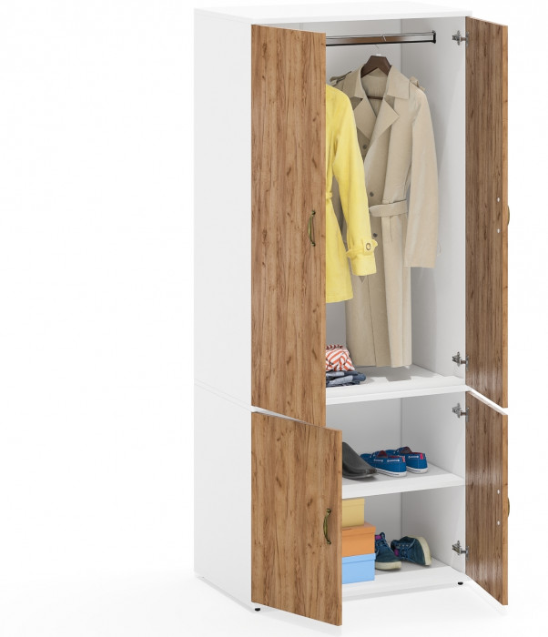 Лидер-8 Модуль Шкаф МД 19Б, цвет белый шагрень/крафт золото, ШхГхВ 80х50х190 см., глубокий шкаф со штангой для верхней одежды и полкой