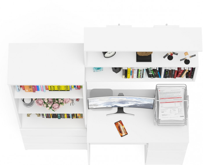 Мори Стол компьютерный МС-1 правый + Стеллаж МСТ600.3 + Полка 900, цвет белый, ШхГхВ 150,4х50х209,6 см., НЕ универсальная сборка