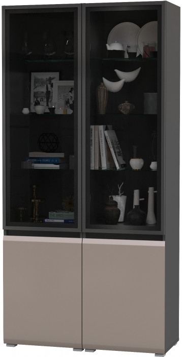 Сидней 13.201 Шкаф-витрина 2 штуки, корпус: антрацит/фасады: МДФ веллюто капучино/прозр. стекло с серой тонир.