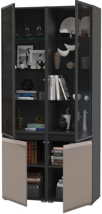 Сидней 13.201 Шкаф-витрина 2 штуки, корпус: антрацит/фасады: МДФ веллюто капучино/прозр. стекло с серой тонир.