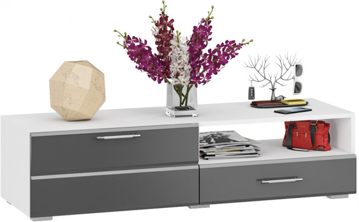 Тумба под ТВ Ларго 1, корпус белый/фасады МДФ графитово-серый глянец
