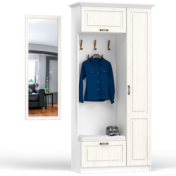 Ливерпуль Шкаф многоцелевого назначения 13.21 + карниз + Зеркало 03.242, ясень ваниль/белый