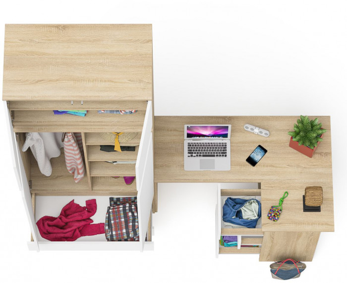 Мори Стол компьютерный МС-16 правый + Шкаф МШ900.1 + Антресоль МА900.1, цвет дуб сонома/белый, ШхГхВ 214,8х84,9х234,2 см., выд. ящ. справа, НЕ ун. сб.