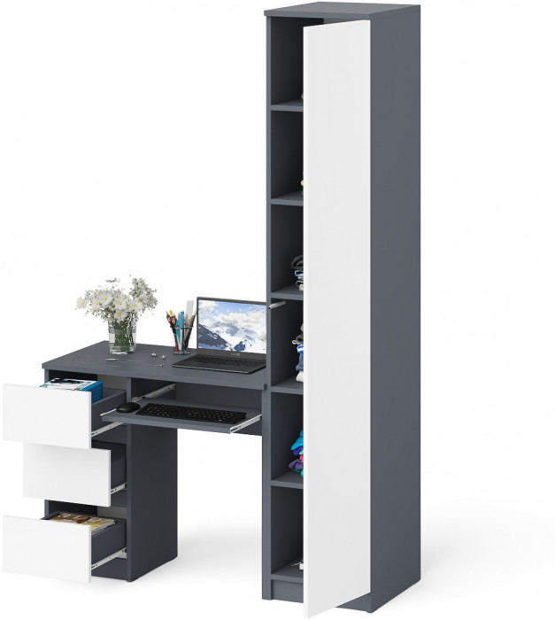 Мори компьютерный стол МС-6 левый + Пенал МШ400.1, графит/белый
