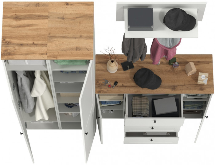 Остин Прихожая 33, цвет белый шагрень/дуб крафт золотой, ШхГхВ 200х54,3х229,6 см., универсальная сборка