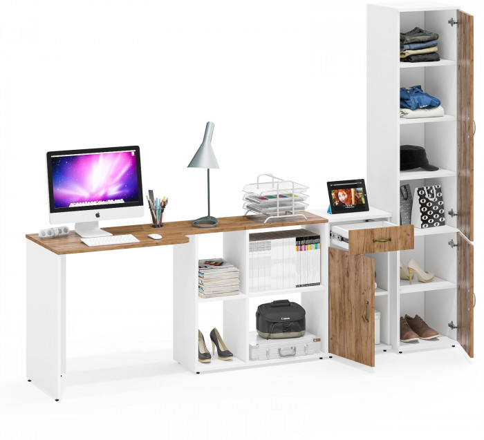 Лидер-8 Стол + Тумба МД 3.15 + Пенал МД 22Б, цвет белый шагрень/крафт золото, ШхГхВ 245х50/37,5х75/190 или 115х160/50х75/190 см., НЕ ун. сборка