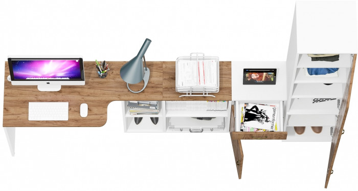 Лидер-8 Стол + Тумба МД 3.15 + Пенал МД 22Б, цвет белый шагрень/крафт золото, ШхГхВ 245х50/37,5х75/190 или 115х160/50х75/190 см., НЕ ун. сборка