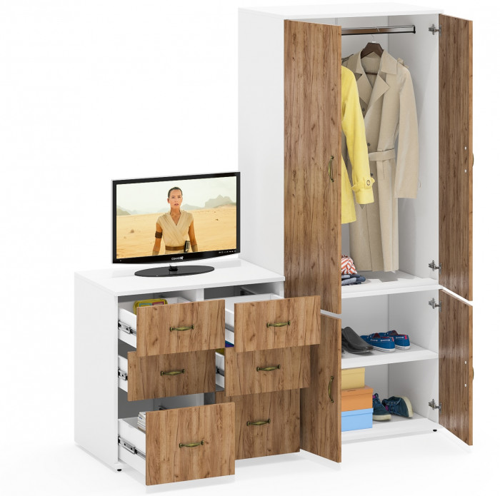 Лидер-8 Шкаф МД 19Б + Тумба МД 3.16 + Тумба МД 3.16, цвет белый шагрень/крафт золото, ШхГхВ 160х50х190 см., универсальная сборка