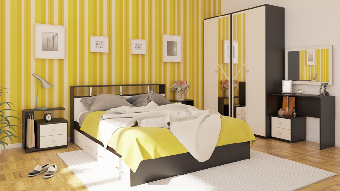 Камелия спальня № 9 Кровать с ящиками 1600 + Две тумбы + Стол космет. + Зеркало + Шкаф 4-х, цвет венге/дуб лоредо, сп.м. 1600х2000 мм., б/м, осн. есть