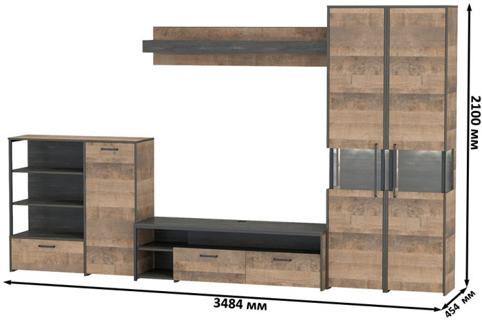 Трувор Гостиная 035, цвет дуб гранж песочный/интра, ШхГхВ 348,4х45,4х210 см., универсальная сборка
