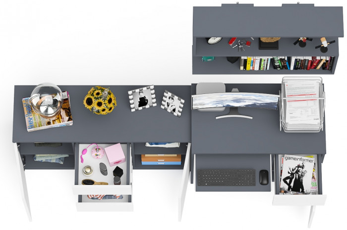 Мори Стол компьютерный МС-1 правый + Комод МК1200.3 + Полка 900, цвет графит/белый, ШхГхВ 210,4х50х209,6 см., НЕ универсальная сборка