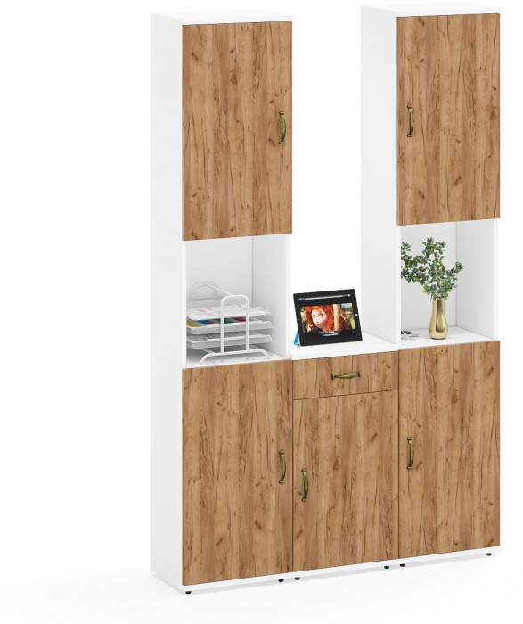 Лидер-8 Пенал + Пенал + Тумба МД 3.15, цвет белый шагрень/крафт золото, ШхГхВ 120х30х190 см., универсальная сборка