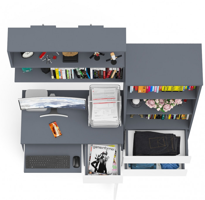 Мори Стол компьютерный МС-1 правый + Стеллаж МСТ600.3 + Полка 900, цвет графит/белый, ШхГхВ 150,4х50х209,6 см., НЕ универсальная сборка