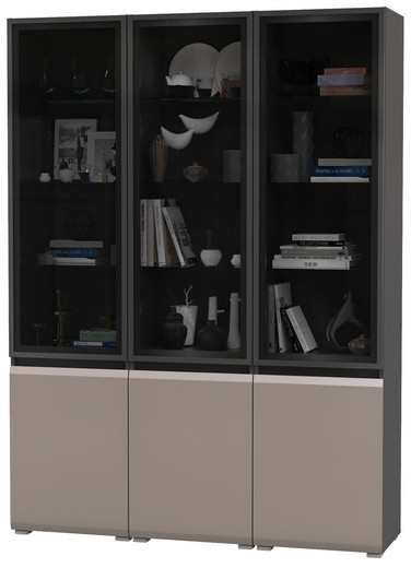 Сидней 13.201 Шкаф-витрина 3 штуки, корпус: антрацит/фасады: МДФ веллюто капучино/прозр. стекло с серой тонир.