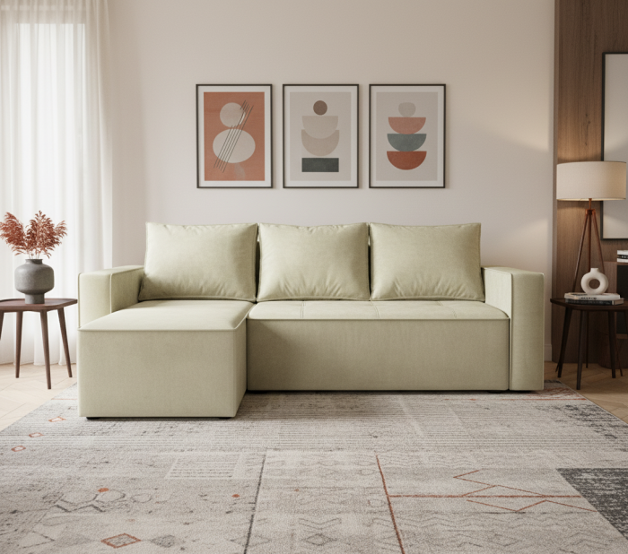 Угловой диван-кровать Лофт Люкс, еврокнижка, 143х206, велюр бежевый