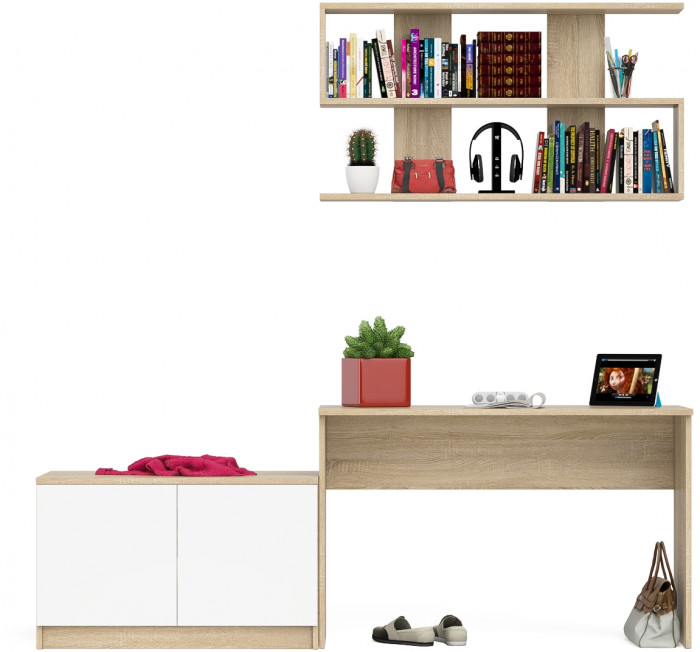 Мори Стол письменный МСП1200.1 + Тумба МА900.1 + Полка 1200, цвет дуб сонома/белый, ШхГхВ 210,8х50,4х209,6 см., универсальная сборка