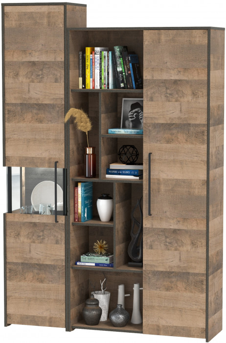 Трувор 13.205 Шкаф-пенал с витриной + 13.206 Шкаф-стеллаж, цвет дуб гранж песочный/интра, ШхГхВ 137,8х37х210 см., универсальная сборка