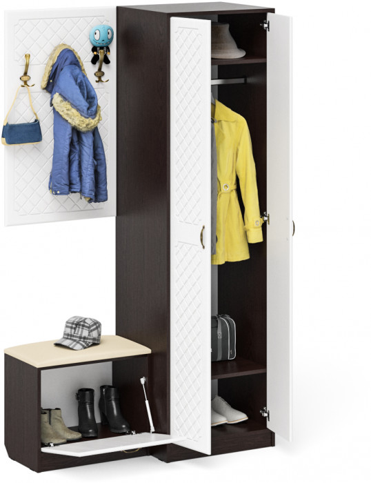 Прихожая П-6 Компоновка № 12, венге/фасады МДФ белое дерево фрезеровка ромб