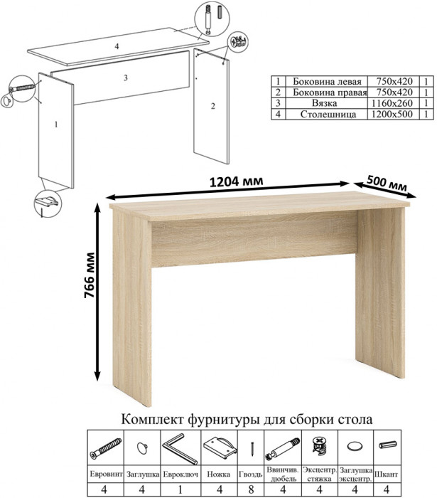 Мори Стол письменный МСП1200.1 + Пенал МШ400.1 + Полка 1200, цвет дуб сонома, ШхГхВ 160,8х50,4х209,6 см., универсальная сборка