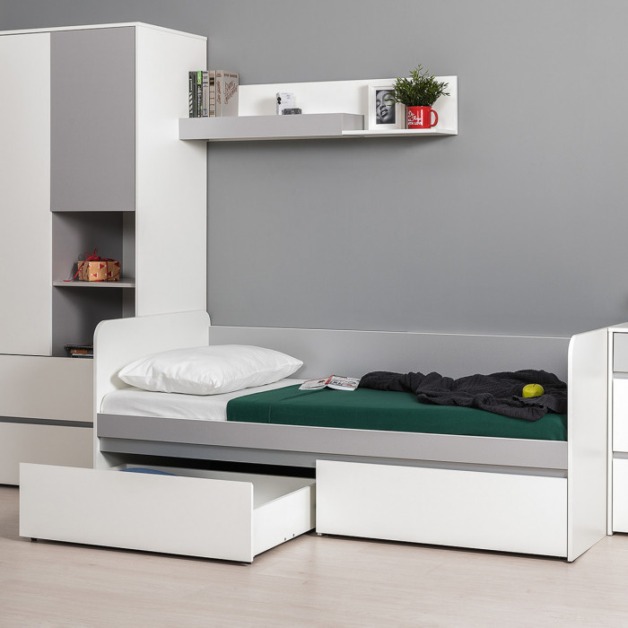 Торонто 11.39 Кровать + 16.475 Полка, белый шагрень/стальной серый