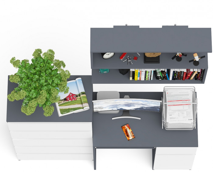 Мори компьютерный стол МС-1 правый + Комод МК700.5 + Полка 900, графит/белый