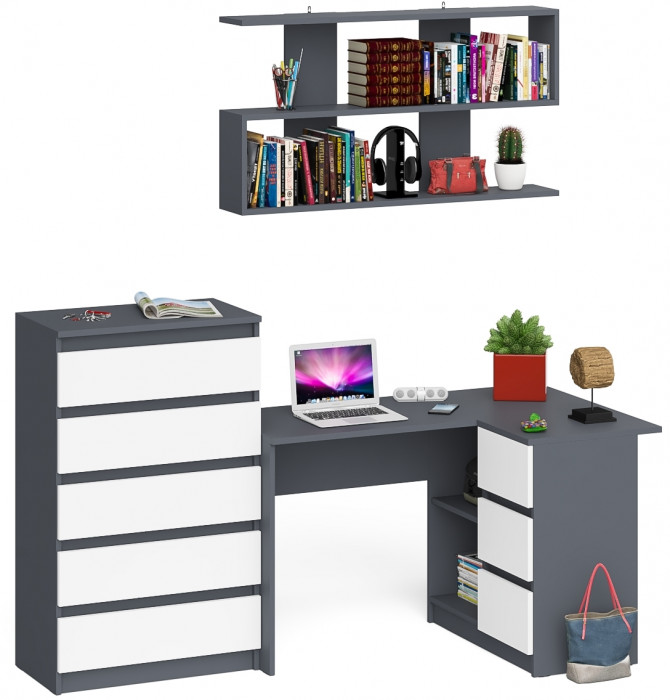 Мори компьютерный стол МС-16 правый + Комод МК700.5 + Полка 1200, графит/белый