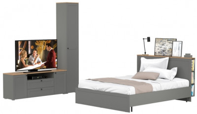 Остин 11.53 Кровать + ортопед + 13.227 Шкаф-пенал + 16.47 Тумба под ТВ, серый графит/дуб крафт золотой
