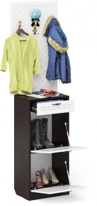 Прихожая П-6 Тумба для обуви 2 секции + Вешалка, цвет венге/фасады МДФ белое дерево фрезеровка ромб, ШхГхВ 50х35х210 см.