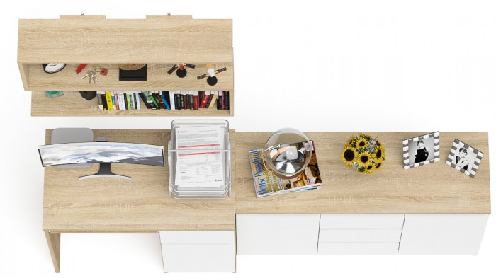 Мори Стол компьютерный МС-1 правый + Комод МК1200.3 + Полка 900, цвет дуб сонома/белый, ШхГхВ 210,4х50х209,6 см., НЕ универсальная сборка